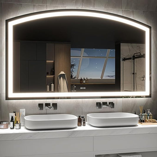 Hasipu 60“ x 36" Arch LED Bathroom Mirror, Frontlit Wall-Mounted Vanity Mirror with Lights, Defogging, Smart Touch, Dimmable 3 Color Modes, Safety Shatterproof Glass Coating