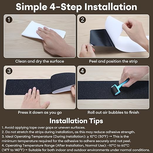 Non Slip Tape 4 inch X 30 inch (10-Pack) - Outdoor Waterproof Non Skid Tape, Stair Treads Anti Slip Tape for Step, Deck, Pre-Cut Anti Slip Tape, Black with Roller