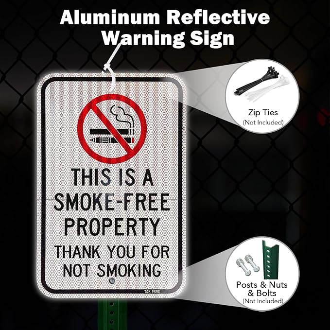T&R Large No Smoking Sign, Thank You For Not Smoking Sign, 18" x 12" Engineer Grade Reflective Sheeting, Rust Free Aluminum, Weather Resistant, Waterproof, Fade Resistant, 2 Pre-drilled Holes