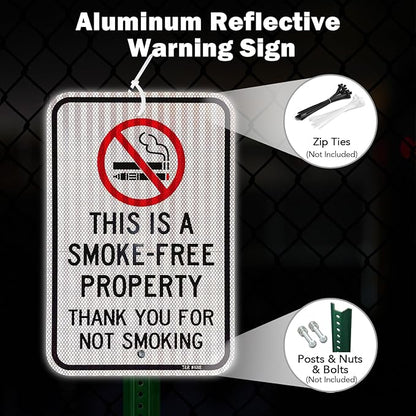 T&R Large No Smoking Sign, Thank You For Not Smoking Sign, 18" x 12" Engineer Grade Reflective Sheeting, Rust Free Aluminum, Weather Resistant, Waterproof, Fade Resistant, 2 Pre-drilled Holes