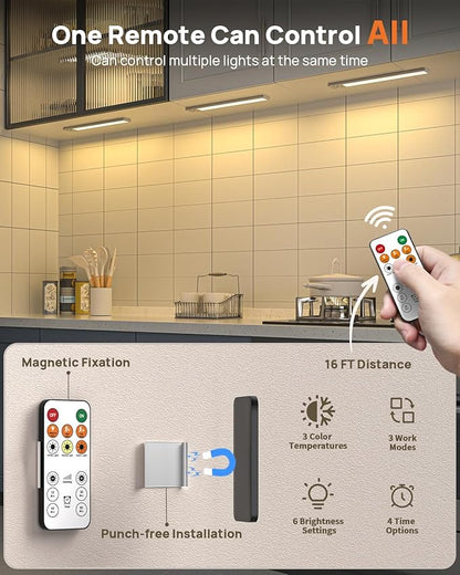 16in Under Cabinet Lighting with Remote, 160 LED Motion Sensor Light Indoor, 4000mAh USB Rechargeable Closet Lights, 3 Color Temps Wireless Under Counter Lights for Kitchen, Pantry, Stair, 2 Pack