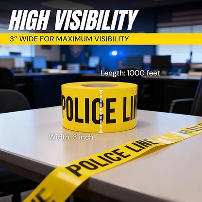 Police Line Do Not Cross Tape 2 Pack 3 inch X 1000 feet • Bright Yellow with a Bold Black Print • 3 in. Wide for Maximum Readability • Tear Resistant
