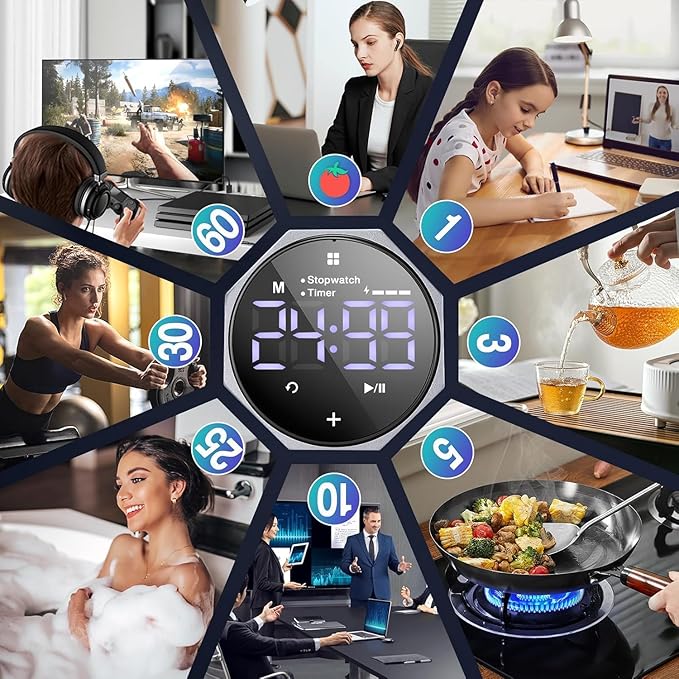 MIAOKE Pomodoro Timer-Aluminum Alloy Frosted Metal LED Large Screen Digital Automatically Rotated Display, Focus Efficient Management on Work and Study,Office,Living Room-Gray