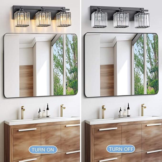 Crystal Bathroom Light Fixtures, 3 Light Black Vanity Lighting Over Mirror with Crystal Shades, Modern Bathroom Vanity Light for Restroom, Bath, Cabinet and Powder Room