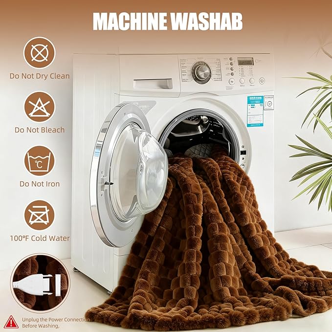 Electric Blanket 50" x 60" Soft Ribbed Faux Fur Flannel Quick Heat 12 Heat Levels 1-12 Hour Timer & Overheat Protection & Auto Shut Off & ETL FCC (Brown, Throw 50" x 60")