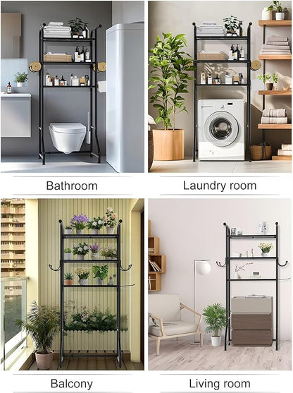 3-Tier Over The Toilet Storage Shelf，Bathroom Organizers and Storage Over Toilet，Metal Bathroom Space Saver with 2 Bars，1 Paper Holder and 4 Hooks,Black