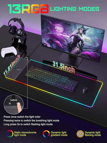 TopMade Mouse Pad with Wireless Charging, 31.5" x 11.81" Large Desk Mat RGB Gaming Mousepad, LED Desk Pad Keyboard Pad, Waterproof Desk Pad (Includes 20W PD Power Adapter & 6.56ft Woven Cable)