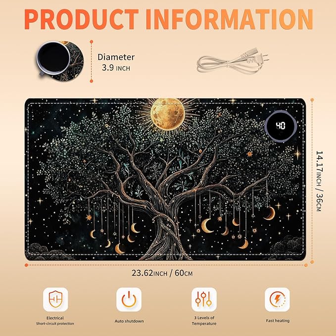 Heated Mouse Pad 23.6 x 14 in 3-Temp Fast Heating Desk Mat with Auto Timer Warmer for Hands Wrist Pain Relief Waterproof Keyboard Mat for Office, Gaming, Home, Moonlit Tree Art