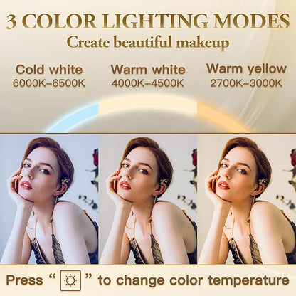 ROLOVE Vanity Mirror with Lights, 32" x 22" Large Lighted Vanity Mirror with Dimmable 3 Modes, LED Makeup Mirror, 10X Magnification, USB Charging Port, Tabletop or Wall-Mounted Square Gold