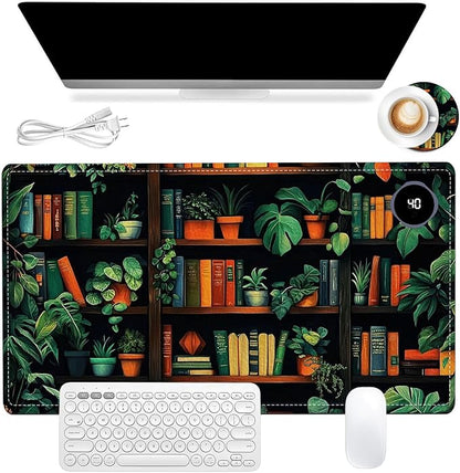 Heated Mouse Pad 23.6 x 14 in 3-Temp Fast Heating Desk Mat with Auto Timer Warmer for Hands Wrist Pain Relief Waterproof Keyboard Mat for Office, Gaming, Home, Bookshelf Jungle
