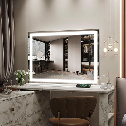 ROLOVE Vanity Mirror with Lights, 32" x 22" Large Lighted Vanity Mirror with Dimmable 3 Modes, LED Makeup Mirror, USB Charging Port, Tabletop or Wall-Mounted Square White