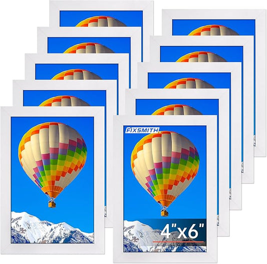 FIXSMITH 4x6 Picture Frame Set of 10, White Photo Frames Bulk with HD Plexiglass for Wall Hanging or Tabletop Display, Multi Picture Frames Collage for Wall Decor