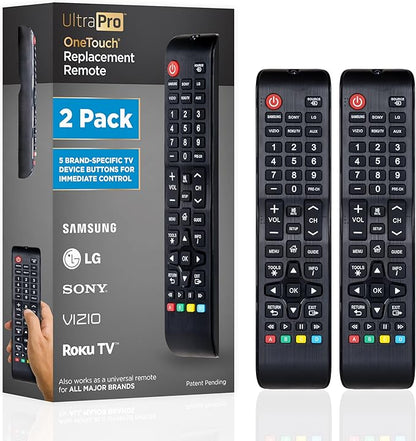 UltraPro OneTouch Universal Remote Replacement Compatible for All Samsung, LG, Sony, Vizio and Roku TV Smart TV, LED, LCD, HDTV, 3D, Series TV, 2 Pack, Black, 84254