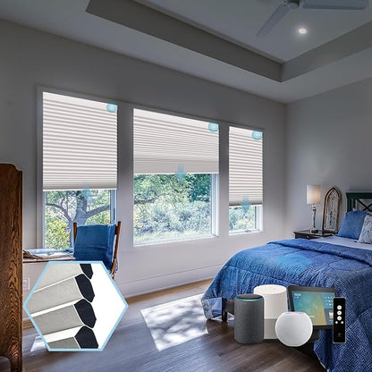 SmartWings Motorized Cellular Shades with Remote, Customized Electric Cordles Honeycomb Blinds Compatible with Alexa/Homekit/Google for Windows, 100% Blackout Single Cell White