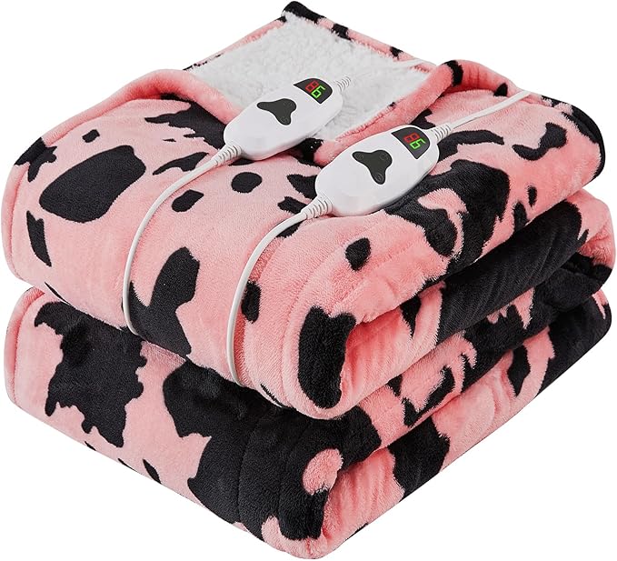 Cow Print Electric Heated Blanket Queen Size,84X90 Light Pink Heating Blanket Queen with Dual Control&Timer&10 Heat Levels,Highland Cow Decor Sherpa Blankets Warmer Gifts for Bed Women Adults