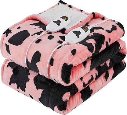 Cow Print Electric Heated Blanket Queen Size,84X90 Light Pink Heating Blanket Queen with Dual Control&Timer&10 Heat Levels,Highland Cow Decor Sherpa Blankets Warmer Gifts for Bed Women Adults