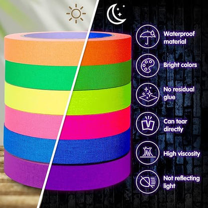 Whaline 6 Colors Neon Gaffer Cloth Tape, Fluorescent UV Blacklight Tape for UV Party (0.6 inch x 60 feet)