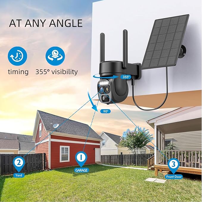 Hawkray Pannel Solar Wireless Outdoor Battery Security Camera， Dual-Lens, 10xZoom, 2K Resolution 3MP 360°Pan/Tilt，2.4&5G WiFi Powered Camera