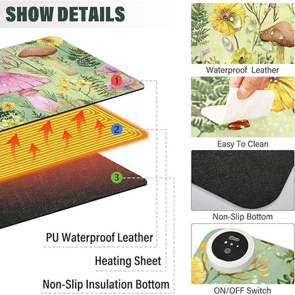 Heated Desk Pad Mouse Pad 31.5x13 Inch PU Leather Desk Mat with 3 Heat Levels Large Mouse Gaming Computer Laptop Mat Watercolor Mushrooms Green