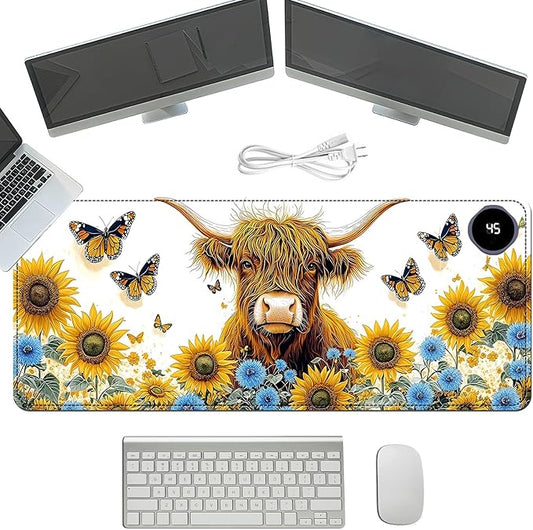Heated Mouse Pad with 3 Temperature Settings(104°F–122°F),Large 31.5x13 Inch PU Leather Heated Desk Mat,Waterproof Warming Pad for Office,Gaming & Cold Hands Relief,Sunflower Cow