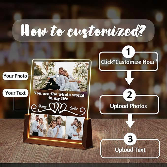 Personalized Couple Birthday Gifts For Girlfriend Boyfriend Him Her, Custom Acrylic Plaque Light Up Picture Frame With Photo Name, Customized Anniversary Christmas Gifts For Women Men Husband Wife