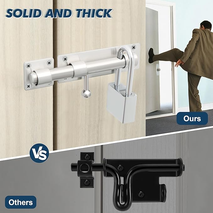 Alise 6 inch Barrel Bolt Latch,Slide Bolt Latch, Heavy Duty Solid SUS304 Stainless Steel Slide Lock for Wooden Fence,Barn Door,Interior or Outdoor Door Brushed Nickel MS8000-LS