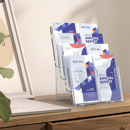 Brochure Holder 8.5x11 Inch 4 Tier with Removable Divider for 4x9 inch Clear Acrylic Pamphlet Display Stand Holder Countertop Use or Wall Mount for Office, Lobby, Hotel, Trade Show, 1 Pack
