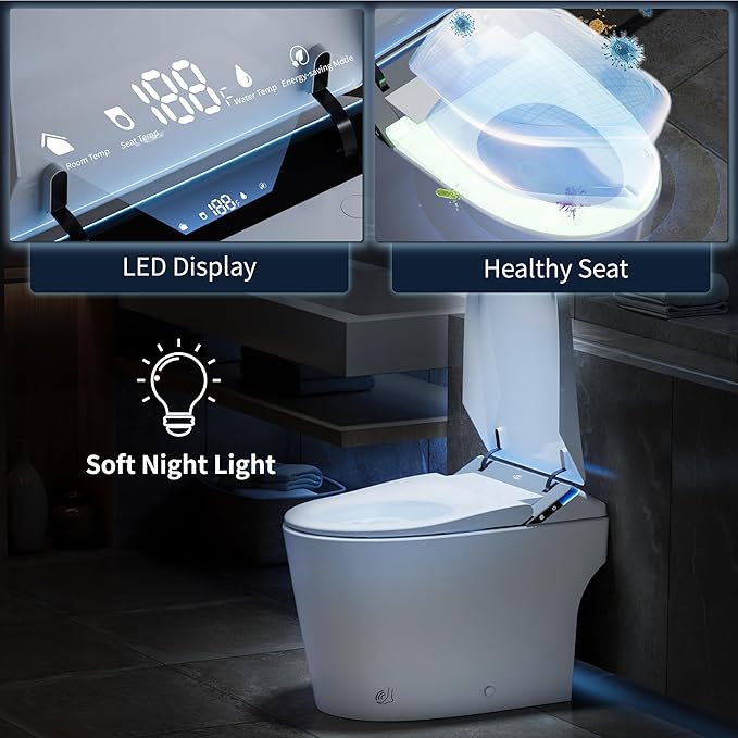 Smart Toilet with Bidet Built in, Toilets with Tank, Dual Auto Flush, Foot Sensor Flush, Heated Seat, Warm Water, Foam Dispenser, Elongated Bidets for Modern Bathroom, Remote, Night Light