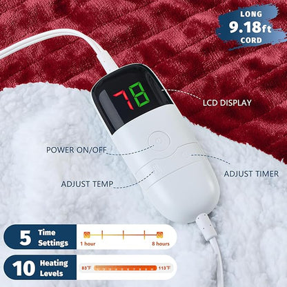 BOMOVA Heated Electric Blanket Full Size - 72" x 84" Heating Blanket with 10 Heating Levels & 8 Hours Auto Off, Warm Flannel Blanket, Christmas Birthday Gifts for Women