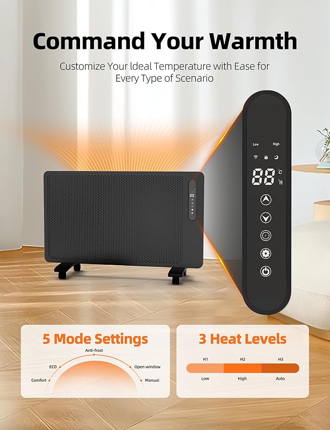 Energy Efficient Mica Infrared Space Heater for Large Room Indoor Use, Smart WiFi Wall Mounted or Portable Panel Heater, Fast Heating, Quiet, White