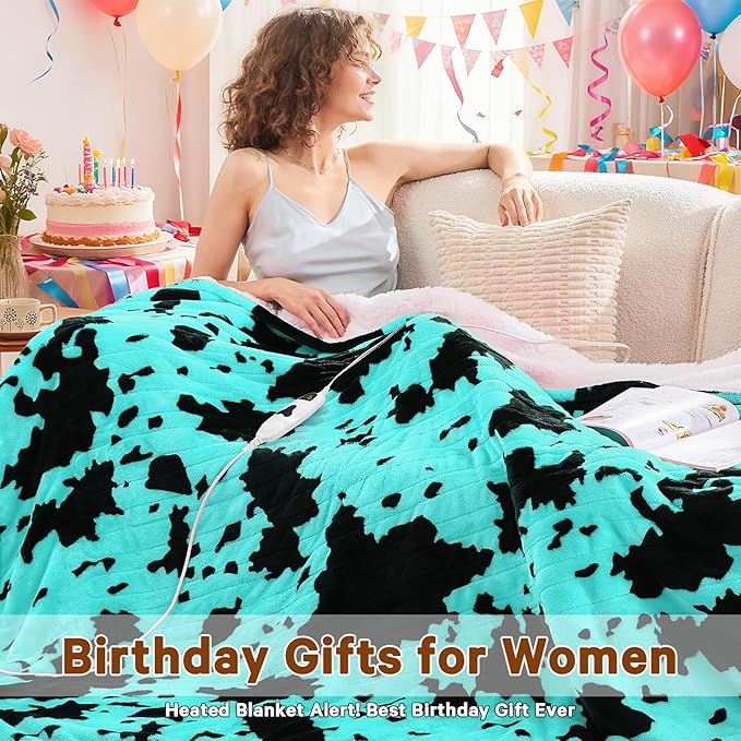 Cow Print Heated Electric Blanket Throw,50X60 Green Heating Blanket with 10 Heats Levels & 8 Hours Auto Off,Highland Cow Decor Stuff Fleece Sherpa Blankets Warmer Gifts for Women Adults Washable