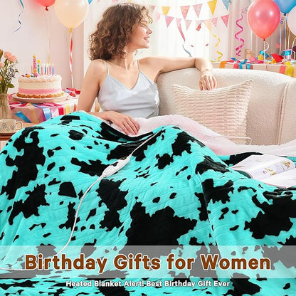 Cow Print Heated Electric Blanket Throw,50X60 Green Heating Blanket with 10 Heats Levels & 8 Hours Auto Off,Highland Cow Decor Stuff Fleece Sherpa Blankets Warmer Gifts for Women Adults Washable