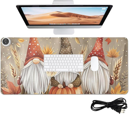 Heated Desk Pad Mouse Pad 31.5x13 Inch PU Leather Desk Mat with 3 Heat Levels Large Mouse Gaming Computer Laptop Mat Pumpkin Gnomes Maple Leaf