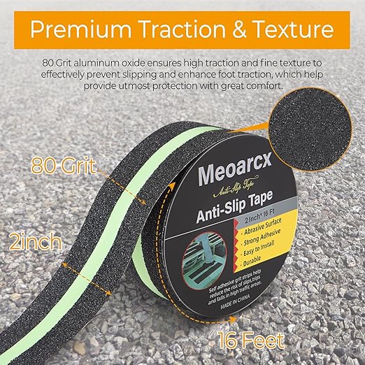 Anti Slip Traction Tape with Glow in Dark Green Stripe, 2 Inch x 16 Feet Waterproof Grip Tape, High Friction Abrasive Adhesive Non Slip Tape for Indoor and Outdoor Stairs, Black