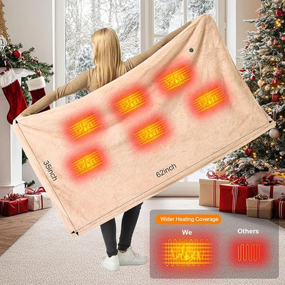 Cordless Heated Blanket Battery Operated with Fleece Lining 7.4V 16000mAh Battery Portable Wearable Heated Shawl for Women Men 6 Heating Zones 3 Fast-Heating Levels (Battery Included)