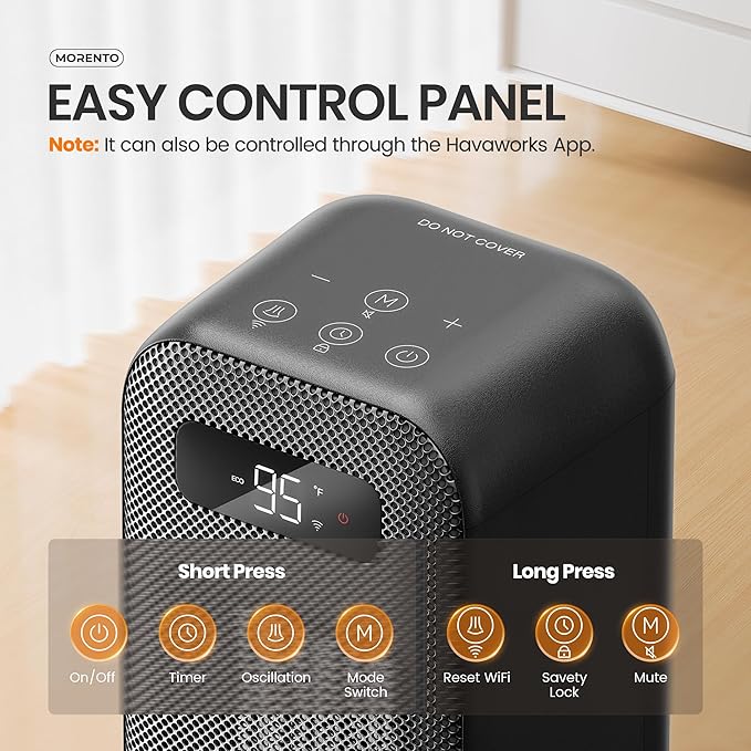 MORENTO Space Heaters for Indoor Use, Portable Electric Heater with Thermostat, Smart and Voice Control, 1500W PTC Ceramic Safety, 36dB Quiet Smart Heaters for Office Bedroom Home Black 1Pack