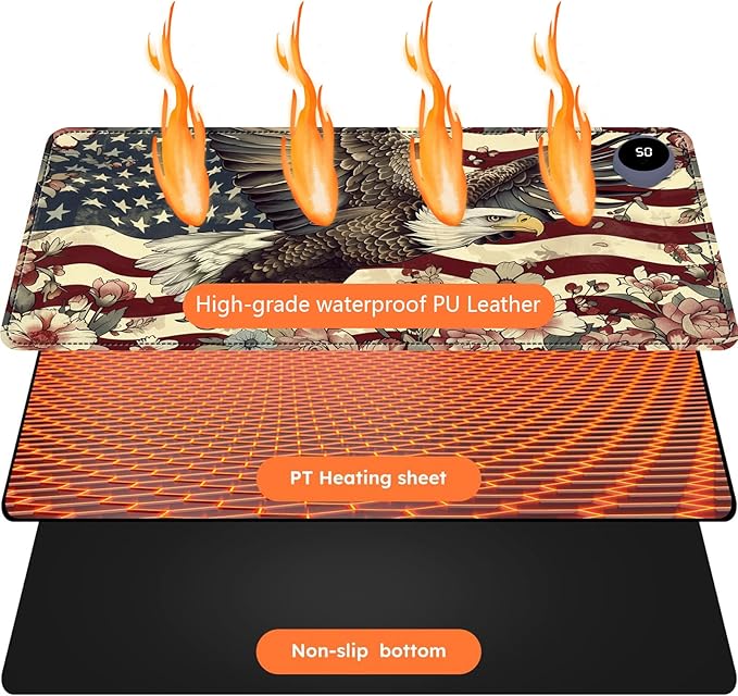 Heated Mouse Pad with 3 Levels Heated & 3 Hours Auto Shut-Off Mouse Pad for Warming Hands in Office Home, 23.6" x 14.2"Large Safe Desk Mat Hand Warmer，Flying Eagle Flag Flowers