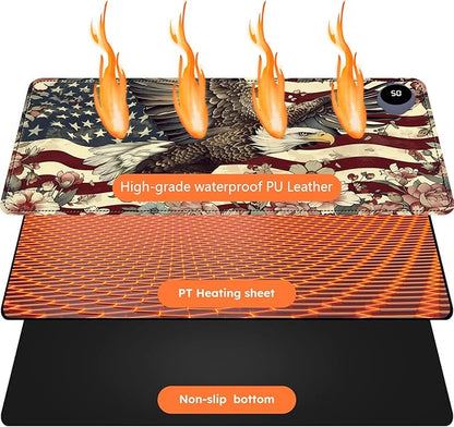 Heated Mouse Pad with 3 Levels Heated & 3 Hours Auto Shut-Off Mouse Pad for Warming Hands in Office Home, 23.6" x 14.2"Large Safe Desk Mat Hand Warmer，Flying Eagle Flag Flowers