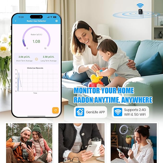 WiFi Home Radon Detector, Portable Radon Meter with Real-Time Short & Long-Term Monitoring, Plug-in Design, Instant Alerts & App Control, 2.4 & 5GHz Dual-Band WiFi Compatible