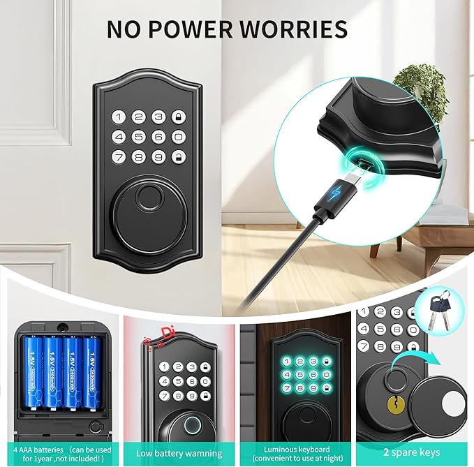 Keyless Entry Door Lock Deadbolt with Handle Set,Fingerprint Smart Locks for Front Door,Backlit Digital Keypad Deadbolt with 2 Keys - Auto Locking - Easy Installation-Left/Right Doors (Matte Black)