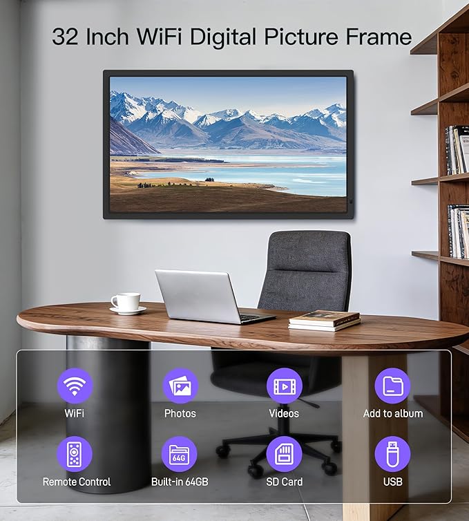 Uhale 32 Inch Extra Large Digital Picture Frame with 64GB, Remote Control, 1920 x 1080 FHD IPS WiFi Electronic Photo Frames, Support SD and USB, Share Moments Securely and Instantly, No Touch Screen