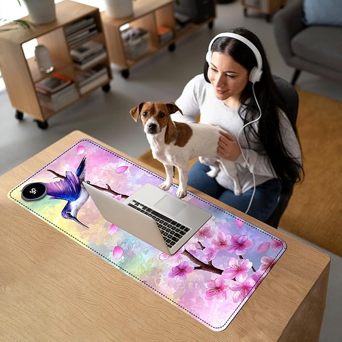 Heated Mouse Pad with 3 Temperature Settings(104°F–122°F),Large 31.5x13 Inch PU Leather Heated Desk Mat,Waterproof Warming Pad for Office,Gaming & Cold Hands Relief,Hummingbird Cherry Bloom