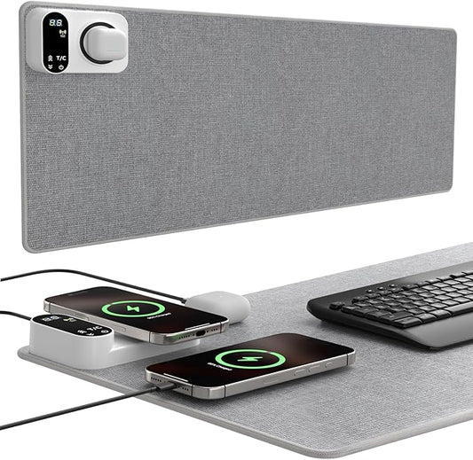 Heated Desk Mat, 10-Second Fast Heating Desk Heater Mat with 3-in-1 Charging (15W Wireless + Type-C + USB-A), Large 31.5" x 13" Waterproof Mouse Pad, 2–6H Auto-Stop, Ideal Office & Home Christmas Gift