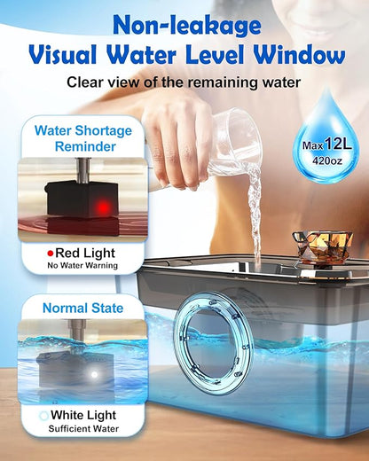 3Gal Dog Water Fountain SS304,Large Ultra-Purification Cat Drinking Dispenser with Visual Window,Widely Drinking Area,Deep Purification Filter,Triple Waterfall Structures,Low Water Indicator