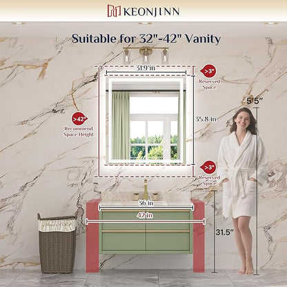 Keonjinn 32" x 36" LED Bathroom Mirror, Frontlit & Backlit Bathroom Mirror with Lights, 3 Color Lights, Dimmable, Defogging, Tempered Glass, Smart Memory Function, Light Up Mirror for Wall