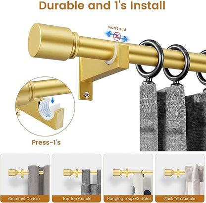 Gold Aluminium Curtain Rods for Windows,1 Inch Adjustable Curtain Rod 48 to 84 Inch,Heavy Duty Drapery Rods with Thicken Bracket,Modern Single Rod with Aluminium Finials