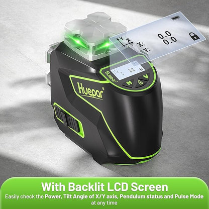 Huepar Laser Level, Self Leveling 12 Lines Cross Line Laser with LCD Screen 3 x 360° Bluetooth Connected Green Beam Laser Tool, 3D Horizontal & Vertical Laser Line -Remote Control&Rechargeable Battery