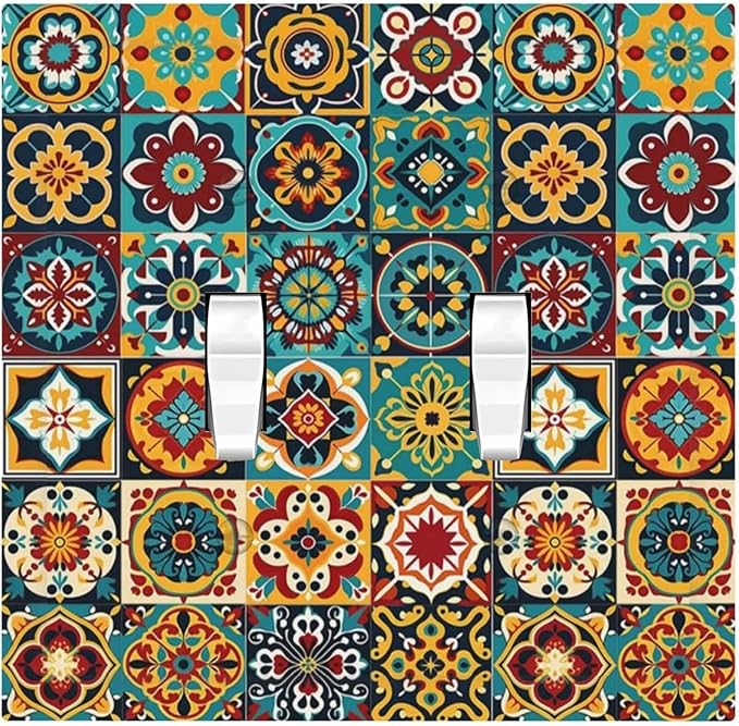 Decorative Switch Plates Mexican Talavera Colorful Mosaic Tiles 2 Gang Double Toggle Outlet Light Switch Cover Wall Plate Electrical Faceplate For Bathroom Kitchen Decor