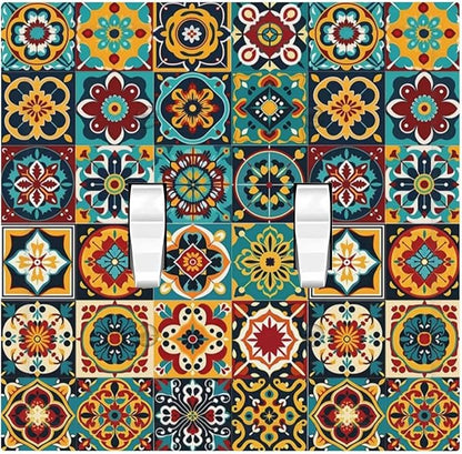 Decorative Switch Plates Mexican Talavera Colorful Mosaic Tiles 2 Gang Double Toggle Outlet Light Switch Cover Wall Plate Electrical Faceplate For Bathroom Kitchen Decor