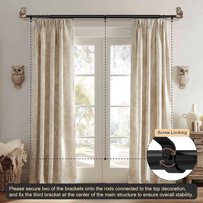 Vintage Decorative Black Curtain Rods for Windows 66 to 120 Inch Adjustable Heavy Duty 1'' Diameter Curtain Rod with Owl Finials for Bedroom Living Room Kitchen Farmhouse (36-120'')